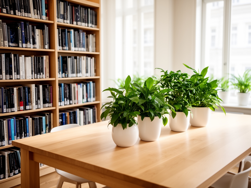 Biblioteca luminosa con scaffali di libri scientifici, tavolo di legno chiaro con piante verdi in vasi bianchi e luce naturale che filtra attraverso ampie finestre, ambiente di studio sereno e ordinato