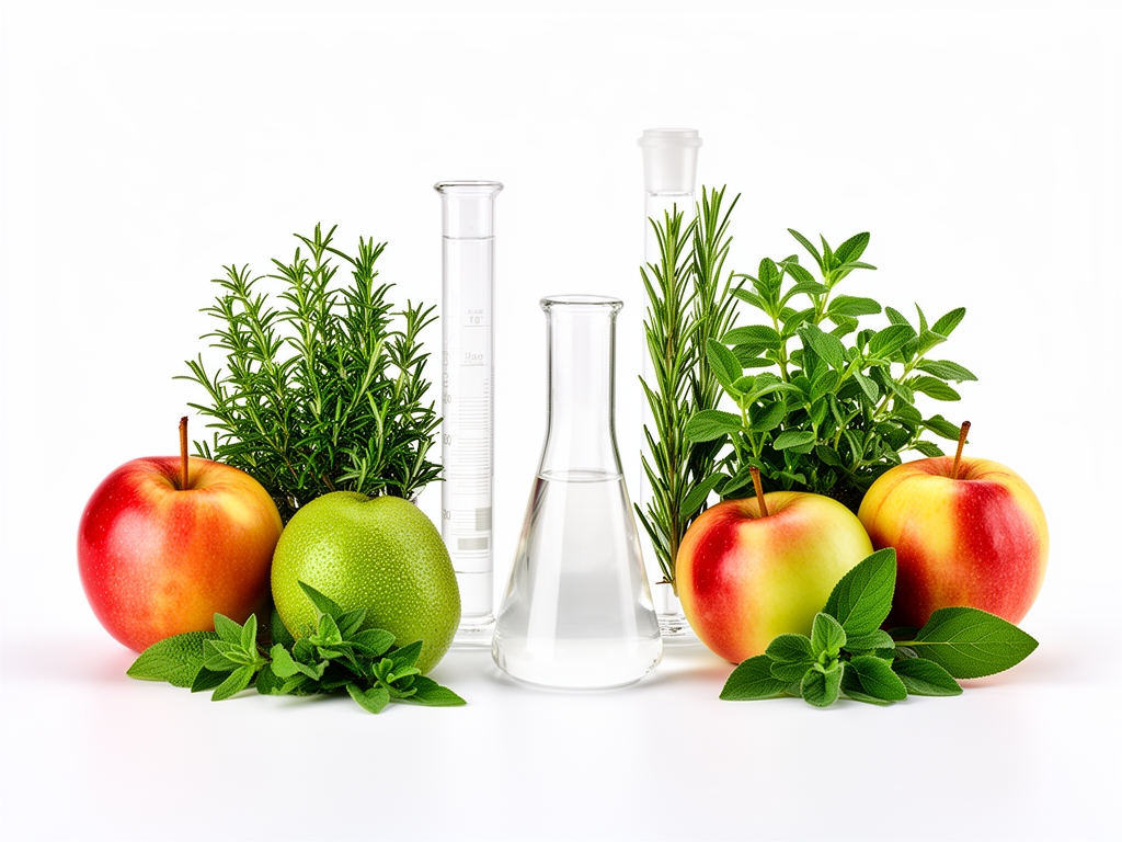 Composizione bilanciata di elementi naturali su sfondo bianco: frutta fresca, erbe aromatiche e vetro da laboratorio in disposizione simmetrica e armoniosa