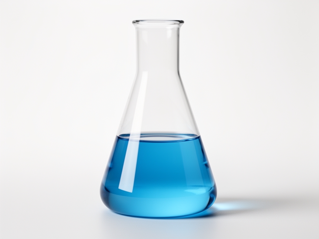 Attrezzatura da laboratorio stilizzata: beuta di vetro trasparente con liquido azzurro su sfondo bianco neutro, luce diffusa dall'alto